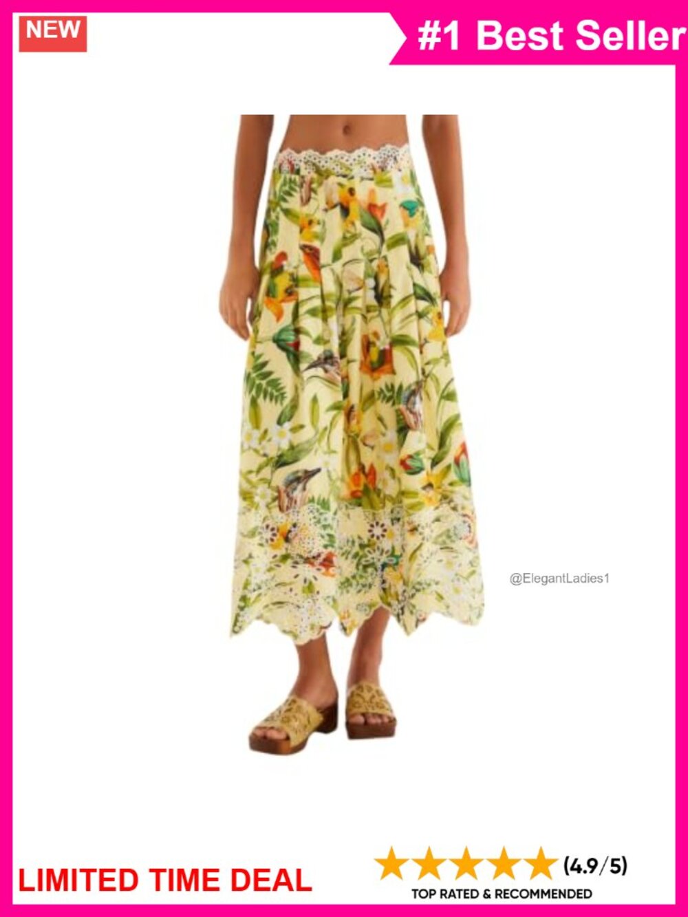 Cotton Maxi Skirt with Eyelet Lace Hem High Waisted Side Pockets Flowy